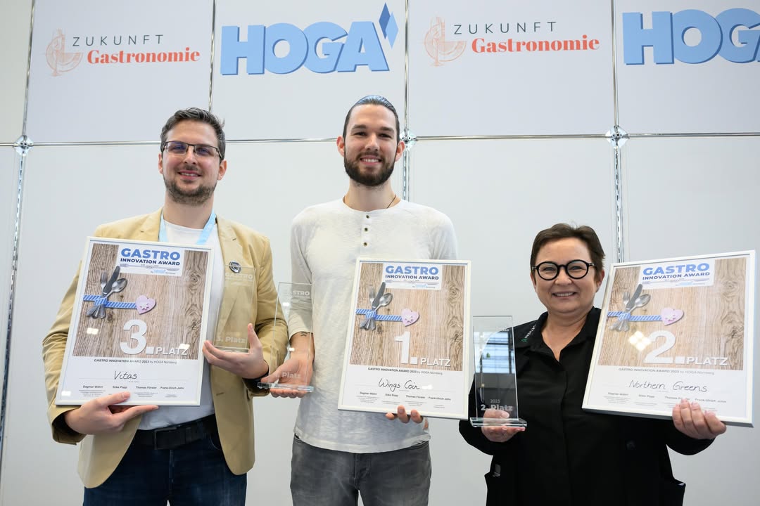 Wettbewerb „Gastro Innovations Award 2023“ - die Gewinner:in: 1. Preis Wings Coin, 2. Platz Northern Greens, 3. Platz Vitas. Foto: © hoga-messe.de
